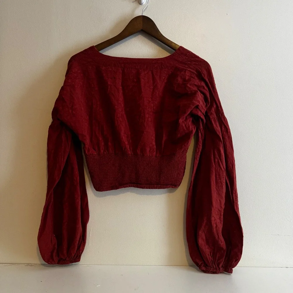 Womens S Rust Embroidered Balloon Sleeve Crop 100% Cotton Fall Boho Earth Fairy